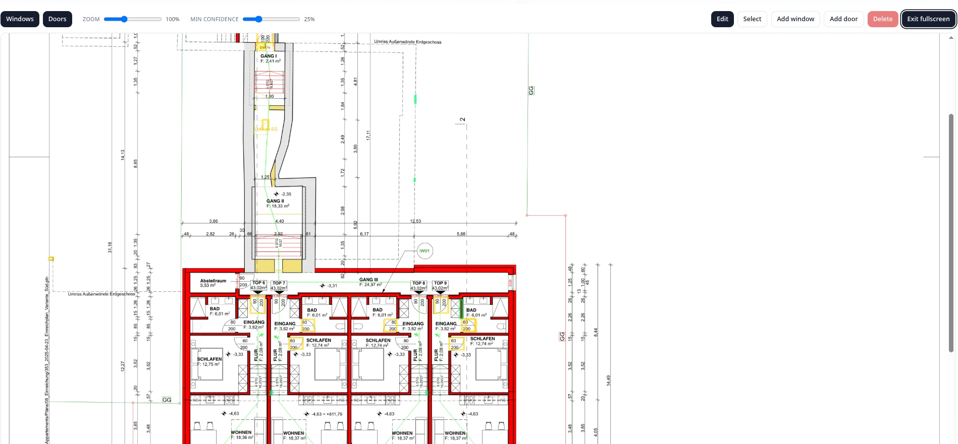 Geprüfte Fenster- und Türerkennungen im Bauplan vor dem CSV-Export